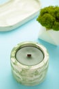 Interior candle in plaster candlestick and green plant on blue background