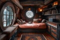 interior of captain cabin bedroom on medieval pirate ship. Inside wooden ancient sail boat