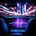 Interior of a car at night with a laptop displaying neon lights Royalty Free Stock Photo