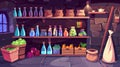 An interior cartoon illustration of a pantry in a basement larder, showing food preserves in glass jars, bottles, sacks