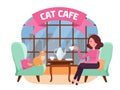 Interior of cat cafe with large window, woman and Kitty in comfortable armchairs. Girl and cat Tea party. Spending time with pet. Royalty Free Stock Photo