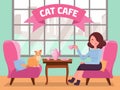 Interior of cat cafe with large window, woman and Kitty in comfortable arnchairs, coffee on table. Girl and cat Tea party.