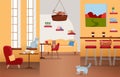Interior of cat cafe with large windows, comfortable red chair, tables with tea and coffee. Many cats on furniture and cat house Royalty Free Stock Photo
