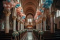 Interior of a Catholic church decorated with flowers and balloons for baptism. Christening a catholic event in the church, the