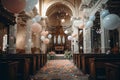 Interior of a Catholic church decorated with flowers and balloons for baptism. Christening a catholic event in the church, the