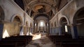 Interior of catholic church, obsolete and ruined, AI generative