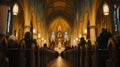 Interior of Catholic church during service with congregants seated in pews