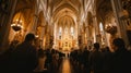 Interior of Catholic church during service with congregants seated in pews Royalty Free Stock Photo