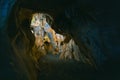 The interior of the cave. Ancient formations of stone. Touristic hiking route. Concept of excursions and attractions. Cuceler