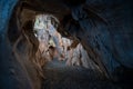 The interior of the cave. Ancient formations of stone. Touristic hiking route. Concept of excursions and attractions. Cuceler