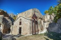 interior of a cave church with carved christian symbols of Byzantine civility in the underground city of Guzelyurt Royalty Free Stock Photo