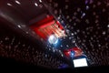 Interior, ceiling, nightclub and nightlife atmosphere, disco, shiny glare ball and white blank square screen frame