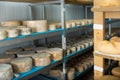 Cheese maturing storehouse on dairy factory with wheels of goat cheese Royalty Free Stock Photo