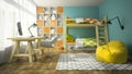 Interior of children room with bunk bed 3D rendering