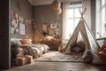 Interior of children room with gray walls and a hut Royalty Free Stock Photo