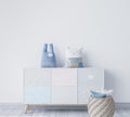 Interior Children room wall Mockup, colorful chest of drawer