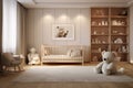 The interior of a children\'s bedroom with cots and soft toys