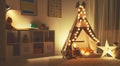 Interior of children`s playroom with tent, lamps and toys in dar Royalty Free Stock Photo