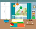 The interior of the children`s room with a cradle, wardrobes, a window, a carpet and toys in a flat style. Bright and graphic flat