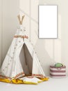 Interior of children\'s room with wigwam and a mockup poster frame. AI Generative