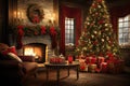 Interior christmas Craft holiday magic Christmas tree, fireplace presents and heartwarming scene