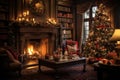 Interior christmas Craft holiday magic Christmas tree, fireplace presents and heartwarming scene