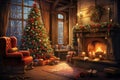 Interior christmas Craft holiday magic Christmas tree, fireplace presents and heartwarming scene