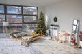 Interior of christmas decorated living room with christmas tree and big window Royalty Free Stock Photo