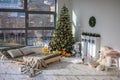 Interior of christmas decorated living room with christmas tree and big window Royalty Free Stock Photo