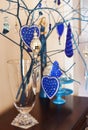 Interior Christmas decoration in blue and siver tones. Royalty Free Stock Photo