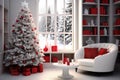 Interior christmas design in living room with Christmas tree decoration, generative ai Royalty Free Stock Photo