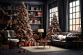 Interior christmas design in living room with Christmas tree decoration, generative ai Royalty Free Stock Photo