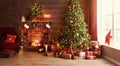 Interior christmas. magic glowing tree, fireplace, gifts Royalty Free Stock Photo