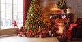 Interior christmas. magic glowing tree, fireplace, gifts Royalty Free Stock Photo
