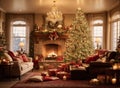 Beautiful Christmas room interior with decorated Christmas tree, gifts, lights and fireplace Royalty Free Stock Photo