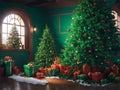 Beautiful Christmas room interior with decorated Christmas tree, gifts, lights and fireplace Royalty Free Stock Photo