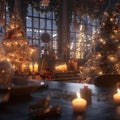interior christmas. magic glowing tree, fireplace, gifts in dark. Background Royalty Free Stock Photo