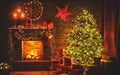 Interior christmas. magic glowing tree, fireplace gifts in dark