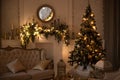Interior christmas. magic glowing tree, fireplace gifts in dark at night Royalty Free Stock Photo