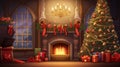 interior christmas. magic glowing tree, fireplace, gifts in dark at night. ai generative Royalty Free Stock Photo