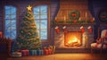 interior christmas. magic glowing tree, fireplace, gifts in dark at night. ai generative Royalty Free Stock Photo