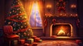 interior christmas. magic glowing tree, fireplace, gifts in dark at night. ai generative Royalty Free Stock Photo