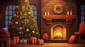 interior christmas. magic glowing tree, fireplace, gifts in dark at night. ai generative Royalty Free Stock Photo