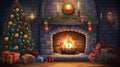 interior christmas. magic glowing tree, fireplace gifts in dark at night. ai generative Royalty Free Stock Photo