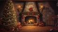 interior christmas. magic glowing tree, fireplace, gifts in dark at night. ai generative Royalty Free Stock Photo