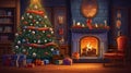 interior christmas. magic glowing tree, fireplace gifts in dark at night. ai generative Royalty Free Stock Photo