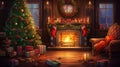interior christmas. magic glowing tree, fireplace gifts in dark at night. ai generative Royalty Free Stock Photo