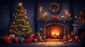 interior christmas. magic glowing tree, fireplace, gifts in dark at night. ai generative Royalty Free Stock Photo