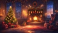 Interior christmas. magic glowing tree, fireplace, gifts in dark at night Royalty Free Stock Photo