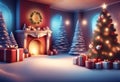 Interior christmas magic glowing tree fireplace gifts on floor Generative AI Royalty Free Stock Photo